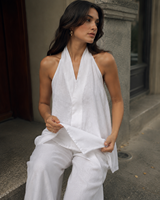 Ensemble pantalon d'été chic et bohème pour femme - Haut halter blanc et pantalon large décontracté en lin/coton, taille XL