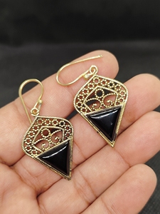 Premium quality smooth black onyx round shape drop stud <b>earring</b> brass 18k gold plated double gemstone fashion jewelry <b>earrings</b> - Product Image 3