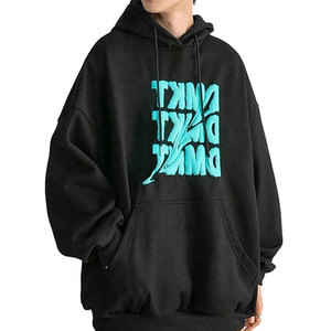 Sudadera con Capucha Negra Extra Grande con Estampado de Letras Turquesa en el Bolsillo Delantero, Unisex, Largo Regular, Algodón French Terry, Ropa de Otoño - Product Image 2