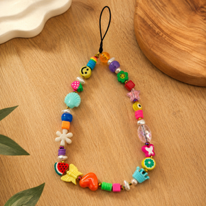 Porte-clés coloré à perles mélangées avec motif fleur, papillon, œil porte-bonheur et perle, en plastique PVC, breloque promotionnelle pour téléphone - Product Image 6