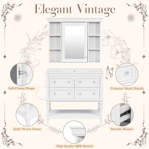 36'' Modern Bathroom Vanity with Adjustable <b>Shelf</b> 4 Drawers Solid <b>Wood</b> Frame Modern <b>Mirror</b> Medicine Cabinet Storage Solution - Product Image 5