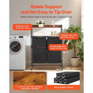 Cesto Portabiancheria a 2 Livelli con Struttura in Metallo e Piano in Legno, Organizzatore con 2 Sezioni e Ruote - Product Image 2