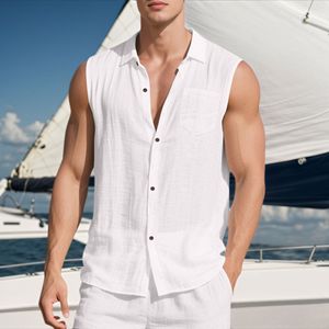 <b>Mens</b> Cotton-polyester Sleeveless <b>Shirt</b> Casual Button Down Collar European American Summer <b>Beach</b> Top ODM - Product Image 4