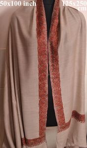 Women's Long <b>Wool</b> Eco-Friendly Shawl Beige Embroidered Red Border Winter <b>Wrap</b> Scarf - Product Image 4