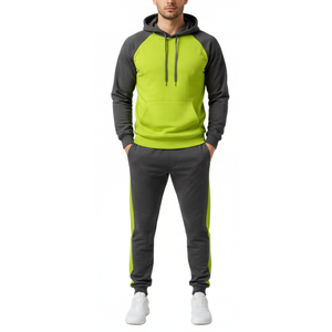 Chándal OEM para hombre, gris y verde lima |   Sudadera con Capucha y Mangas Raglán con Panel Lateral Verde Neón |   Conjunto de ropa deportiva - Product Image 1
