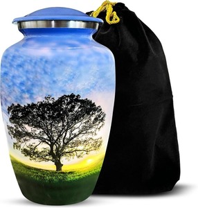 Urna Funeraria de Aluminio Grande Personalizada con Diseño de Árbol para Cenizas de Adultos, Urna Conmemorativa Decorativa con Bolsa de Terciopelo Negro - Product Image 1