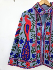 Breathable 100% Velvet Suzani Embroidered Floral Printed Jacket <b>Covered</b> <b>Button</b> Closure Full Sleeve for Women's Spring Autumn - Product Image 4