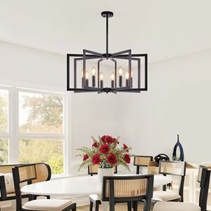 27\" Modern Industrial Metal Pendant <b>Light</b> Fixture Black Geometric 8 <b>Light</b> Chandelier for Living <b>Dining</b> or Kitchen - Product Image 2