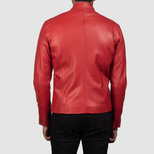 Men's Red Genuine Leather Moto <b>Jacket</b> Stand Collar Zipper Closure <b>Slim</b> <b>Fit</b> Regular Length Solid Color Autumn Wear - Product Image 4