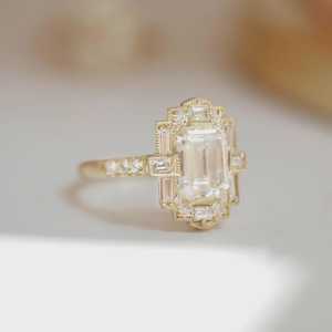 2mm Art Deco Engagement <b>Ring</b> 14K Solid Gold <b>Emerald</b> Princess Baguette Round Lab Grown Diamond Luxury Wedding Anniversary Jewelry - Product Image 6