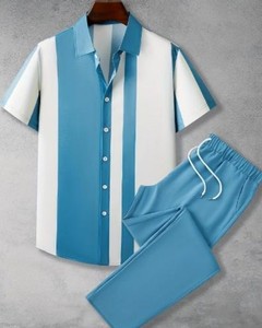 Men's Solid Color Two-Piece Set Short Sleeve Shirt Long <b>Pants</b> Knitted Breathable Summer Casual Wear Turn-<b>down</b> Collar - Product Image 3