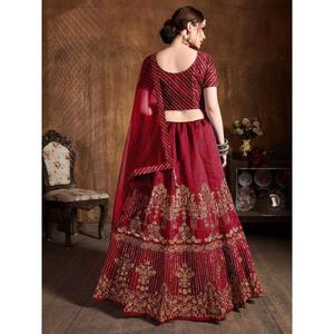Adorable <b>Red</b> Embroidered Art Silk Wedding Wear <b>Lehenga</b> Choli - Product Image 3