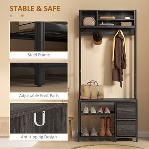 Porte-manteau d'entrée 5-en-1 avec 3 étagères de rangement, 2 tiroirs en tissu, banc et rangement à chaussures, gris - Product Image 6