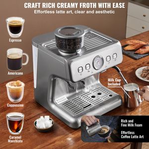 Macchina per Espresso Semi-Automatica 15 Bar con Macinacaffè, Montalatte Manuale e Lancia Vapore, Serbatoio Acqua Rimovibile - Spina USA e AU - Product Image 4