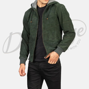 Veste bomber à capuche en daim vert olive pour homme, coupe slim, décontractée, zippée, en daim véritable, douce, tendance, vêtement d'extérieur - Product Image 1