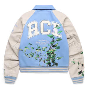 Chaqueta Universitaria Personalizada Ecológica Resistente al Viento con Bordado de Enredaderas, Cuello Alto, Bolsillos Laterales con Ribete, Detalles de Cuero en la Parte Delantera, Lona - Product Image 2