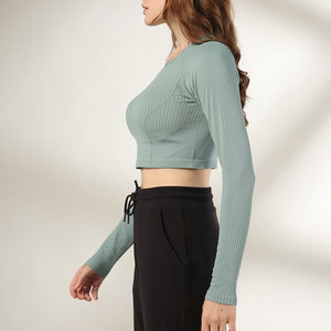 Women's Long Sleeve <b>Cropped</b> Knitted <b>Top</b> O-Neck Solid Color Sporty Fit Breathable Slim Fit Full Sleeve All Seasons Wear - Product Image 3