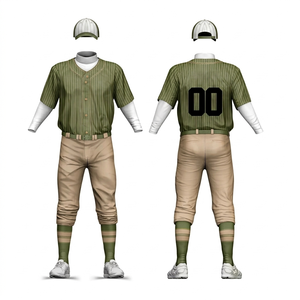 Men's Green Striped Baseball Uniform Set with Button Front Jersey and Khaki Pants, Breathable Polyester - Product Image 1