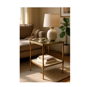 Modern Brass Accent <b>Table</b> with Glass Top and Marble Shelf <b>Rectangle</b> Living Room Decor Indoor Home Decor - Product Image 3