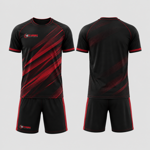 Ensemble maillot et short de football unisexe Fly Humble noir et rouge rayé, col rond, manches courtes, anti-humidité, avec nom du joueur sur le devant - Product Image 1