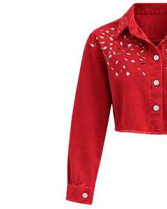 Veste en jean courte rouge personnalisée pour femme avec strass et boutons sur les épaules, manches longues, style streetwear tendance - Product Image 5