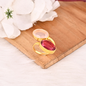 Anillo de Piedras Preciosas Hidroprocesadas de Calcedonia Rosa y Turmalina Rosa, Joyería de Latón Elegante para Mujer - Product Image 5