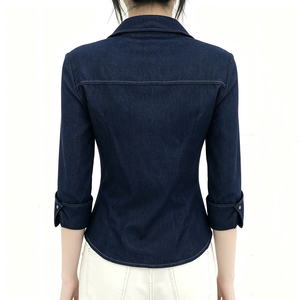 Chemise en jean pour femme, coupe droite, manches longues, col rabattu, boutonnée, décontractée, pour le bureau, automne, style vintage, effet amincissant - Product Image 2
