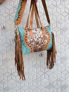 New Stylish Pattern Western Cowhide Leather Hand Tooled Carving Leather Fringe Tote <b>Bag</b> Stylish Purse Leather <b>Bags</b> for Women's - Product Image 2