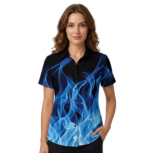 Men's Short Sleeve Button Down <b>Shirt</b> Blue <b>Flame</b> Print Casual Wear Digital Printing Polyester Woven Breathable Style - Product Image 3