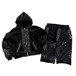 Black Oversized Cotton Hoodie Cropped <b>Zip</b> Up Sweatshirt Palm Tree Print Streetwear for Men - Product Image 3