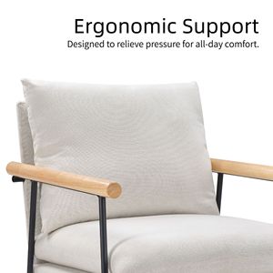 Fauteuil d'appoint moderne et confortable avec coussin amovible, chaise de salon ou de chambre à coucher en blanc avec accoudoirs en bois - Product Image 4