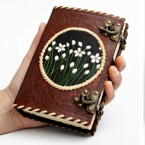 Hand Painted <b>Leather</b> Journal Floral Art Vintage Brown <b>Notebook</b> Metal Lock Handmade <b>Refillable</b> Writing Diary 8x6 - Product Image 1