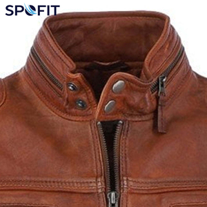 Chaqueta de Cuero Marrón para Hombre SPOFIT, Estilo Motero, Cuello Alto, Cierre de Cremallera, Corte Regular, para Otoño - Product Image 6