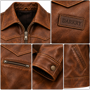 Western Ranch Style <b>Leather</b> <b>Jacket</b> <b>Mens</b> Distressed Vintage <b>Brown</b> Outerwear Cowhide Shirt Collar Trucker Coat Custom Manufacturer - Product Image 6