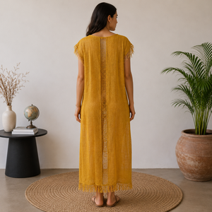 Robe Kaftan Midi Femme Moutarde avec Franges et Panneaux Transparents Légère Style Bohème pour l'Été, la Plage, les Vacances, Tenue Décontractée ou Tunique de Plage - Product Image 3
