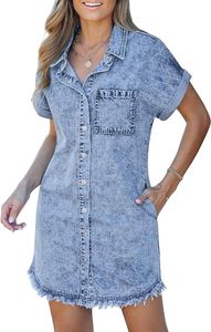 Vestido Camisero de Mezclilla para Mujer, Manga Corta, Cuello con Botones, Bolsillos, Algodón Lavado, Estilo Casual para Uso Diario, Primavera/Verano - Product Image 6