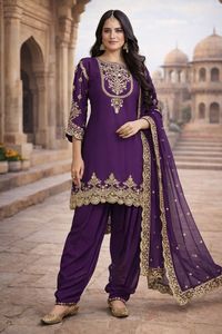 ชุดส่าหรีผู้หญิง RN ผ้าจอร์เจียต์เทียม ปักลายฟ็อกซ์ ความยาวระดับเข่า ชุดอินเดีย ชุดปากีสถาน สำหรับงานแต่งงานและงานเทศกาล - Product Image 4