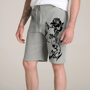 Pantalones cortos Bermuda de algodón gris para hombre con estampado tribal de lobo y rosa en negro, cintura con cordón, estilo casual, bolsillos y logo frontal - Product Image 2