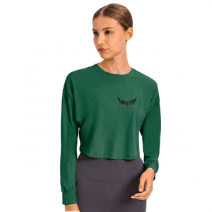 Women's <b>Light</b> <b>Blue</b> Crop <b>Top</b> <b>Long</b> <b>Sleeve</b> Crew Neck Embroidered Logo Loose Fit Yoga <b>Top</b> Breathable Spandex Polyester - Product Image 6