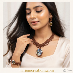 Handmade Macrame Labradorite Jewelry Set Necklace <b>Bracelet</b> Earrings Bohemian Style Natural Gemstone Set for Women - Product Image 3