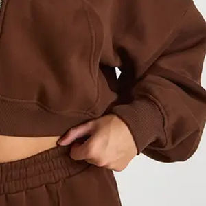 Women's <b>Brown</b> Cropped Hooded Zip-Up Sweatshirt <b>Long</b> <b>Sleeve</b> Solid Color Knitted Oversized Winter Wear 100% Cotton Eco-Friendly - Product Image 4