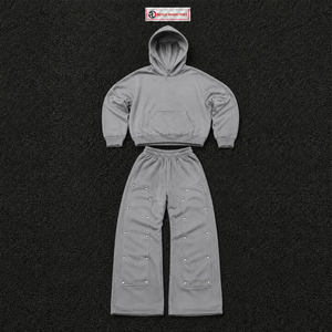Ensemble survêtement gris oversize pour homme, streetwear, sweat-shirt à capuche, pantalon cargo jogger, molleton de coton épais, décontracté urbain - Product Image 5