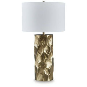 Hammered Antique Copper Metal Table <b>Lamp</b> With Oyster Linen <b>Shade</b> Classic Textured <b>Bedside</b> Desk Light Home Lighting Fixture - Product Image 3