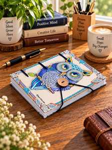 Blue Owl Mandala Leather Journal 7x5 Inch Handmade Printed Diary with Button Closure <b>Vintage</b> <b>Notebook</b> Gift - Product Image 3