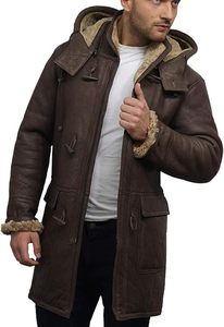 Men's Brown Genuine Leather Hooded Long <b>Coat</b> With <b>Faux</b> <b>Fur</b> Lining Windproof Winter Jacket Casual Style Regular Fit - Product Image 3