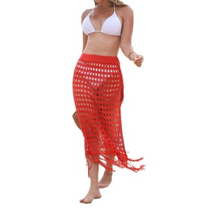 Halter Tie Side Solid Mesh Knit Boho <b>Fringe</b> Tassel High Slit Wrap Bikini Sarong Cover up - Product Image 1