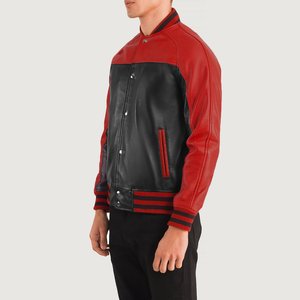 Veste varsity en cuir de vachette véritable noir et rouge pour hommes, avec logo personnalisé OEM, au meilleur prix au Pakistan, neuve. - Product Image 2