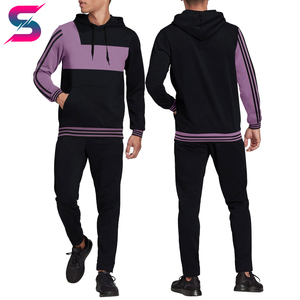 Chándal con capucha para hombre en negro y morado con bloques de color, manga larga, ropa casual con bolsillos laterales, material de poliéster transpirable. - Product Image 6