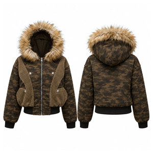 Women's Camouflage Hooded Zipper <b>Jacket</b> With Faux Fur Collar Short Winter Coat Casual Style Full Sleeve Fleece Lined - Product Image 1