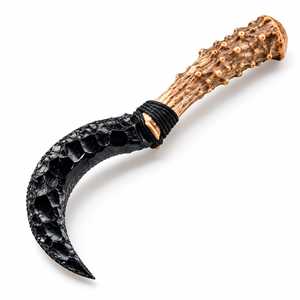 Couteau Boline en obsidienne noire fait main, faucille rituelle Wicca avec manche en bois de résine et bois de cerf, outil d'autel païen - Product Image 1